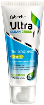 Косметические средства Faberlic "Ultra Clean Green". Гель-скраб-маска 3 в 1 для жирной и проблемной кожи. Артикул (код товара) 0882,  описание, способ применения, состав, объём, цена, отзыв 